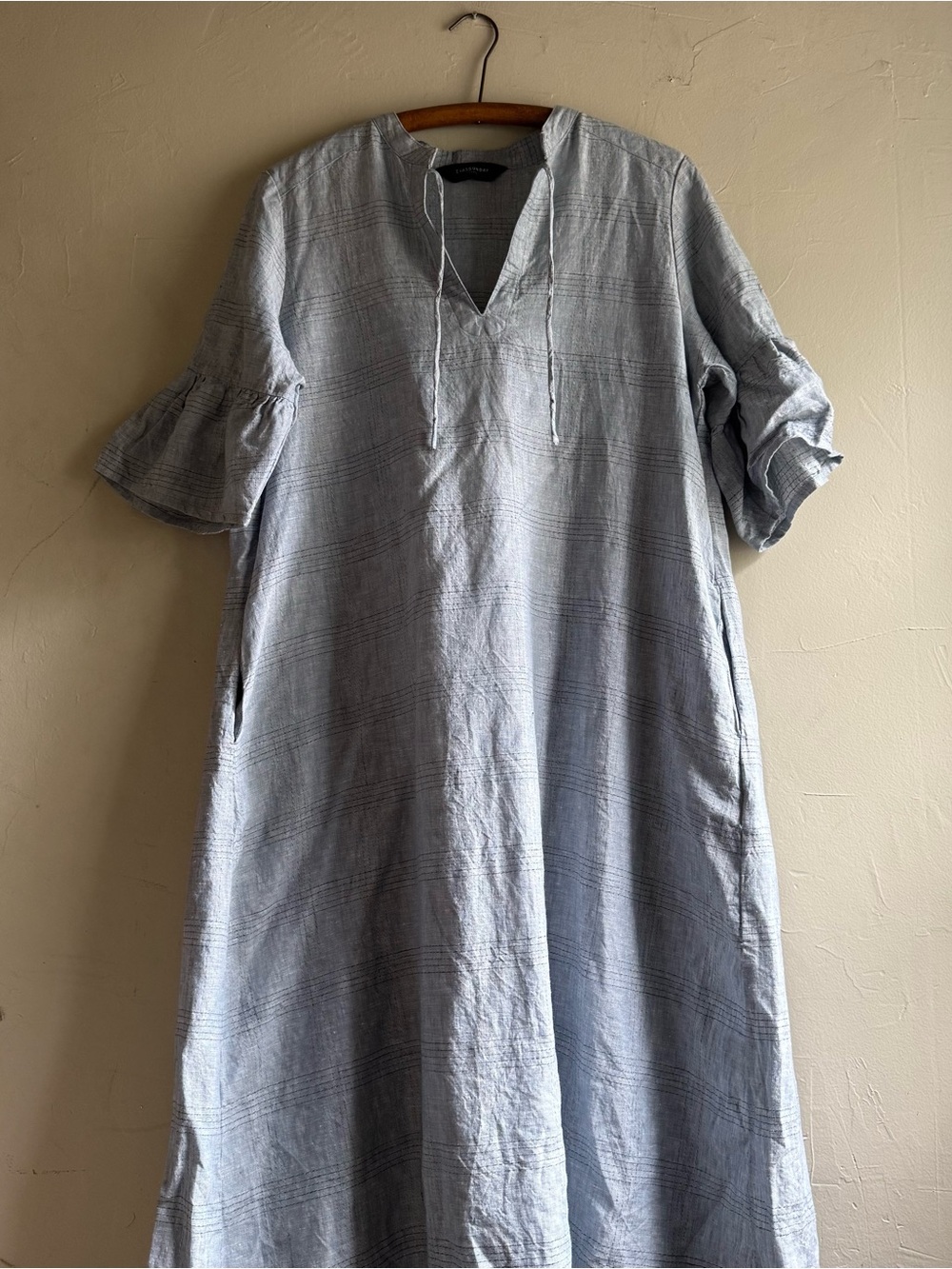 Eva’s Sunday Pale Blue Linen-Blend Midi Dress with Ruffle Sleeves